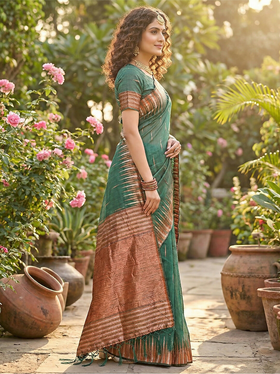 Shree Shyam Fashion Green Linen Cotton Saree | Grocsy