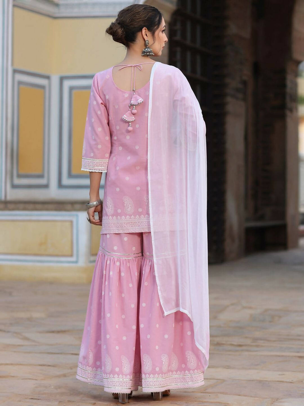 Juniper Women's Pink Cambric Floral Print Kurta Sharara Sets | Grocsy