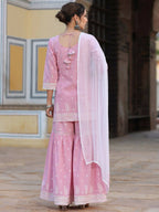 Juniper Women's Pink Cambric Floral Print Kurta Sharara Sets | Grocsy