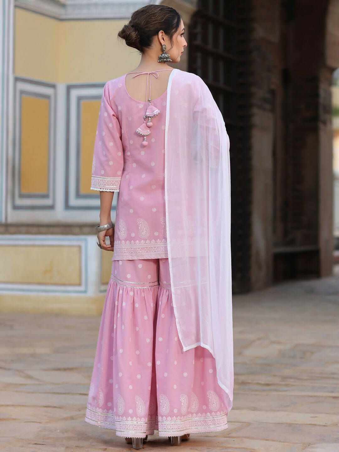 Juniper Women's Pink Cambric Floral Print Kurta Sharara Sets | Grocsy