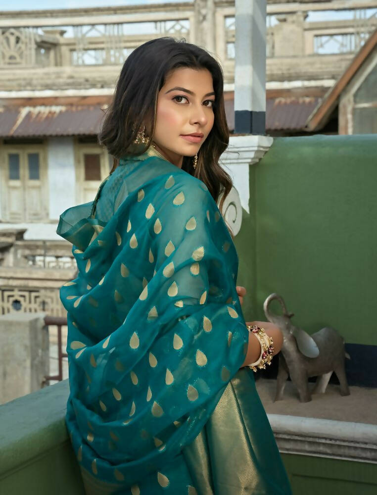 Delightful Designer Turquoise Color Organza Silk Saree With Weaving Work - Yomika Fashions | Grocsy