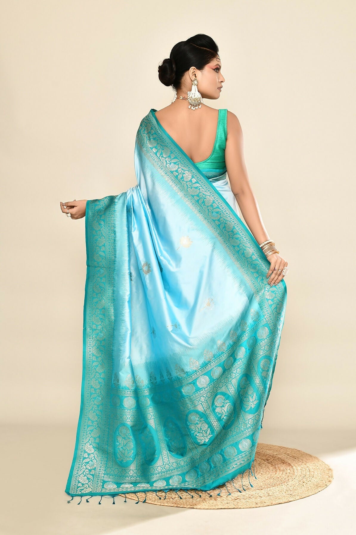 Joban Fashion Sky Blue & Rama Plain With Weaving Border Banarasi Silk Sarees | Grocsy