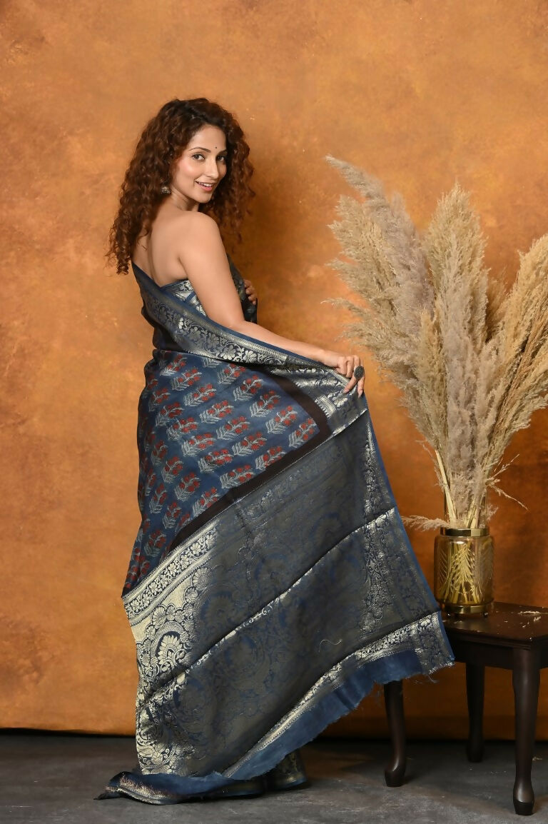 Very Much Indian Modal Silk Ajrakh Handblock Printed Natural Dyes With Designer Border Saree - Black | Grocsy
