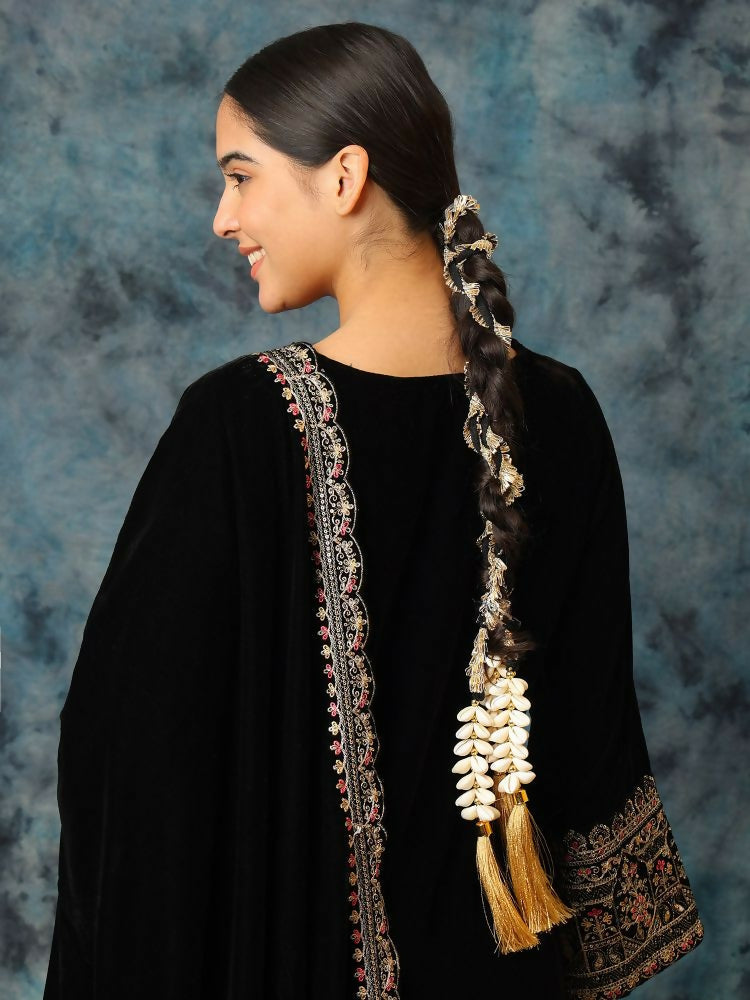 Ruby Raang Gold Gota Pati Work And Black Thread And Shells With Gold Stones | Grocsy