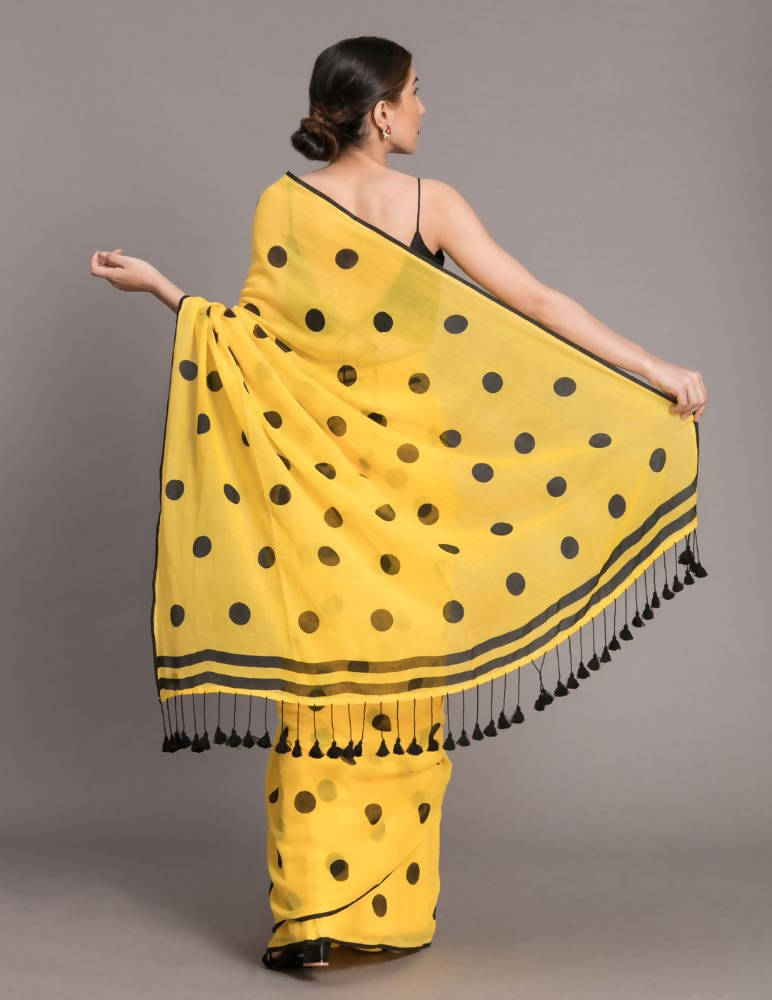 Suta Yellow and Black Polka Printed Pure Cotton Saree | Grocsy