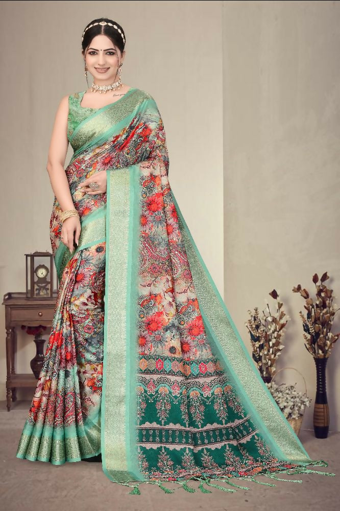 PR Fashion Multi Heavy Rich Cotton Silk Digital Print & Jacquard Saree | Grocsy