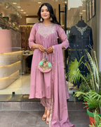 The52 Women's Beautiful Chinon Fabric Embroidery Work Flared Kurta Pant and Dupatta Set | Grocsy