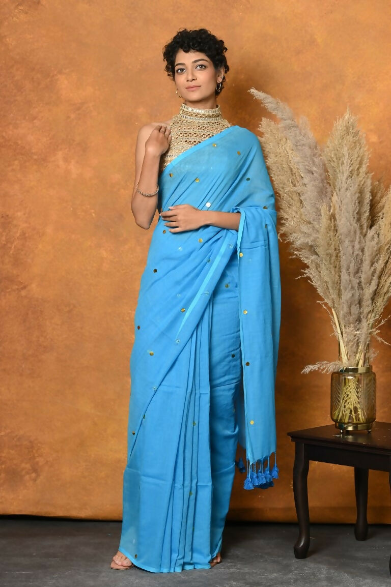 Very Much Indian Pure Mul Cotton Handloom Saree - Sky Blue | Grocsy
