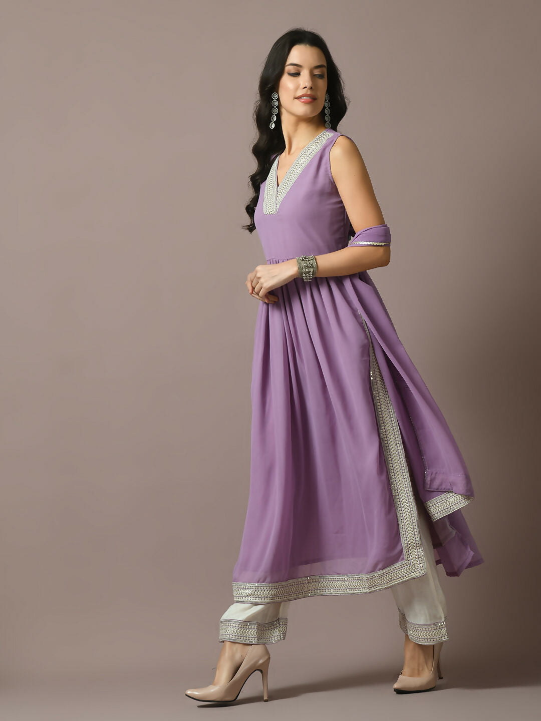 Myshka Women's Lavender Solid Georgette Anarkali Party Kurta Set | Grocsy