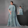 Teal Lycra Raw Silk Sequins Embroidery, Applique Work Saree - Norita Eileen | Grocsy
