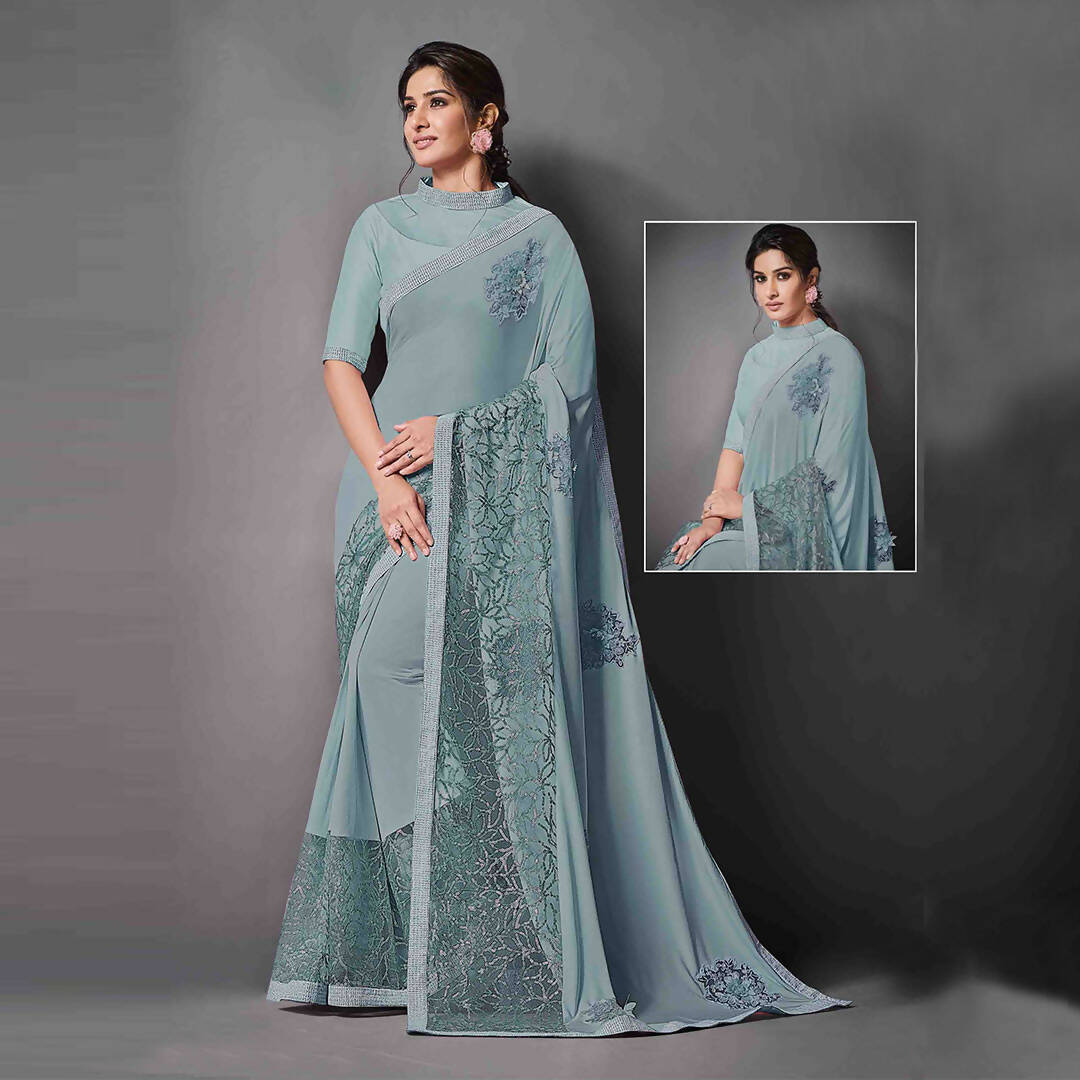 Teal Lycra Raw Silk Sequins Embroidery, Applique Work Saree - Norita Eileen | Grocsy