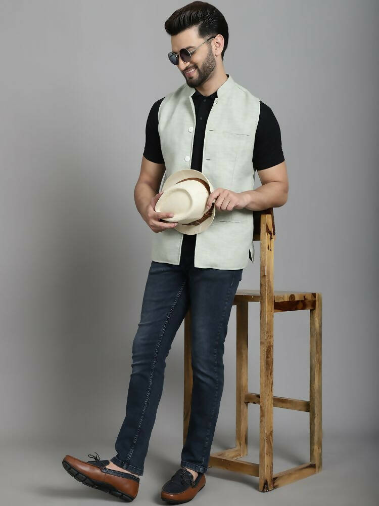Even Apparels Nehru Jacket With Welt Pockets - Green | Grocsy