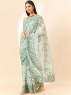 Green Organza Floral Embroidered Saree with Unstitched Blouse Piece - Roozal | Grocsy