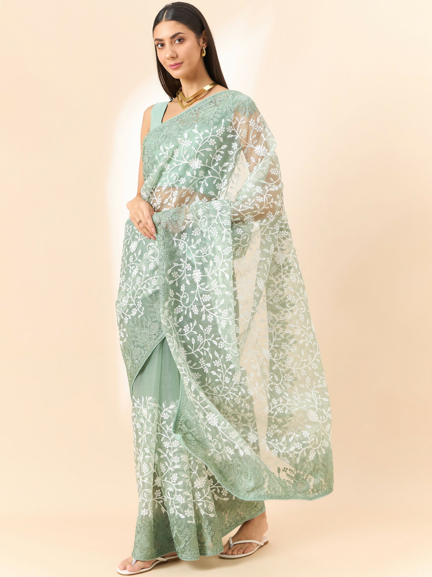 Green Organza Floral Embroidered Saree with Unstitched Blouse Piece - Roozal | Grocsy
