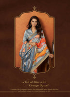 Orange & Blue Rangkat and Crepe Silk Floral Saree With Unstitched Blouse Piece - Mohmanthan Royal Saachi | Grocsy