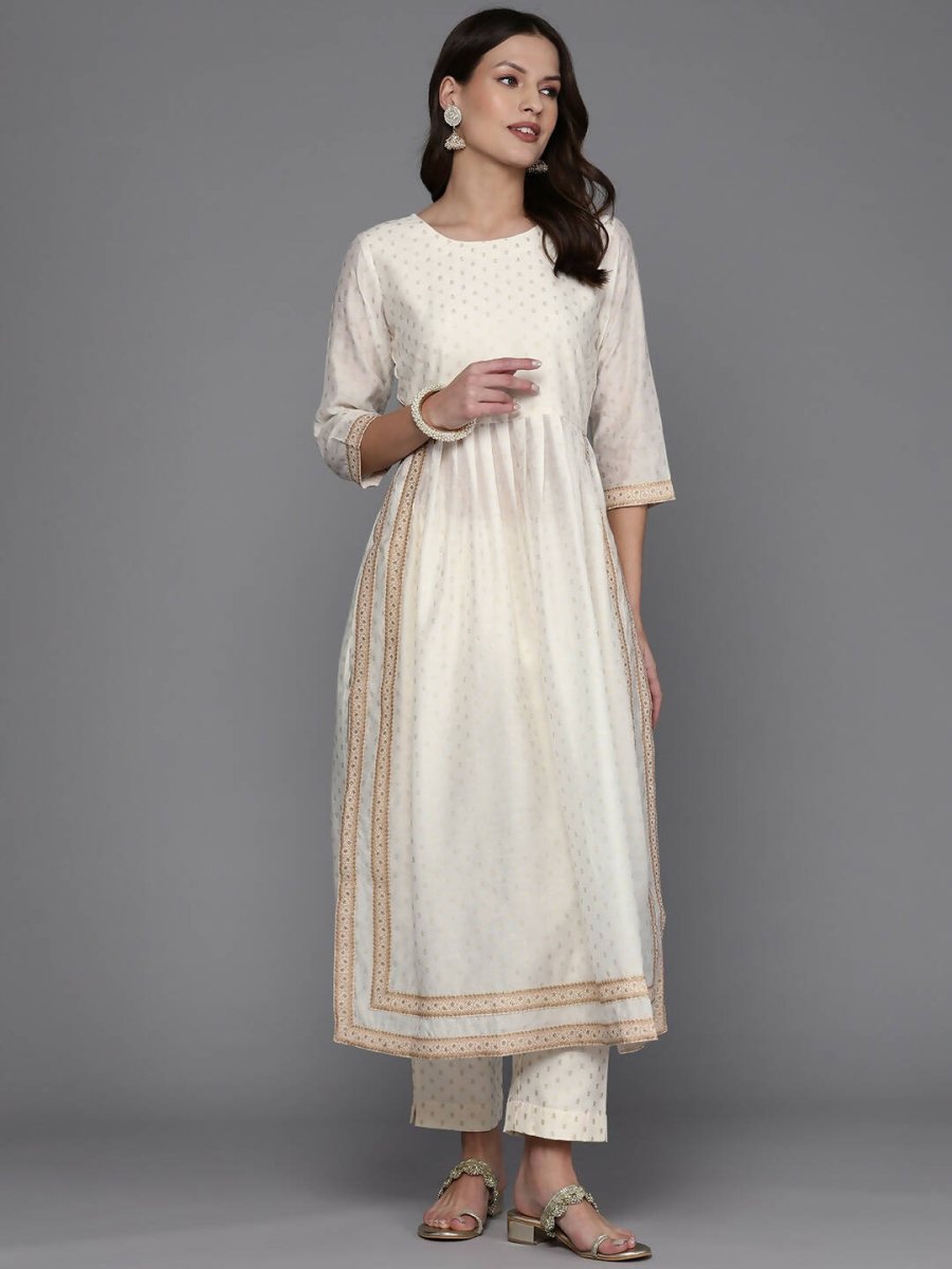 Ahalyaa Women Printed Pleated Kurta with Trousers - Off White Color | Grocsy