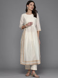 Ahalyaa Women Printed Pleated Kurta with Trousers - Off White Color | Grocsy