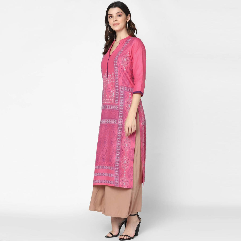 Cheera Hand Block Print Baby Pink Straight Kurta (MAAI-048K) | Grocsy