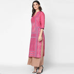 Cheera Hand Block Print Baby Pink Straight Kurta (MAAI-048K) | Grocsy