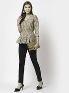 Myshka Printed 3/4 Sleeve V-Neck Casual Pure Cotton Green Top For Women | Grocsy