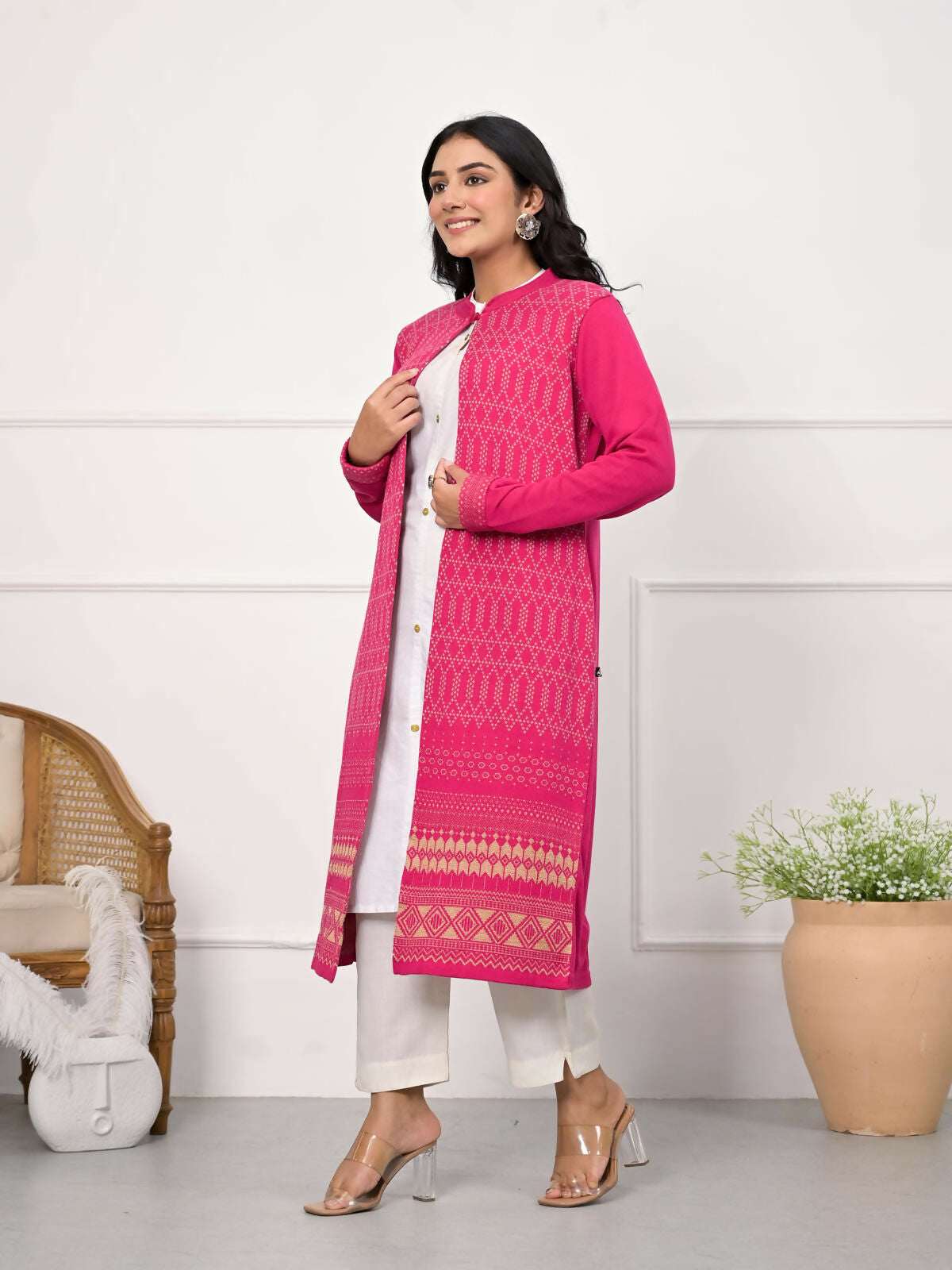 Juniper Women's Pink Ethnic Motif Printed Cotton Long Winter Wear Jacket | Grocsy