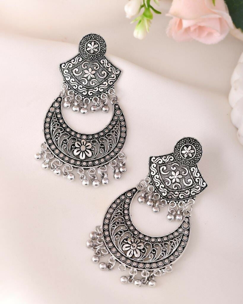 VOJ Silver Plated Oxidized Chandbali Earrings | Grocsy