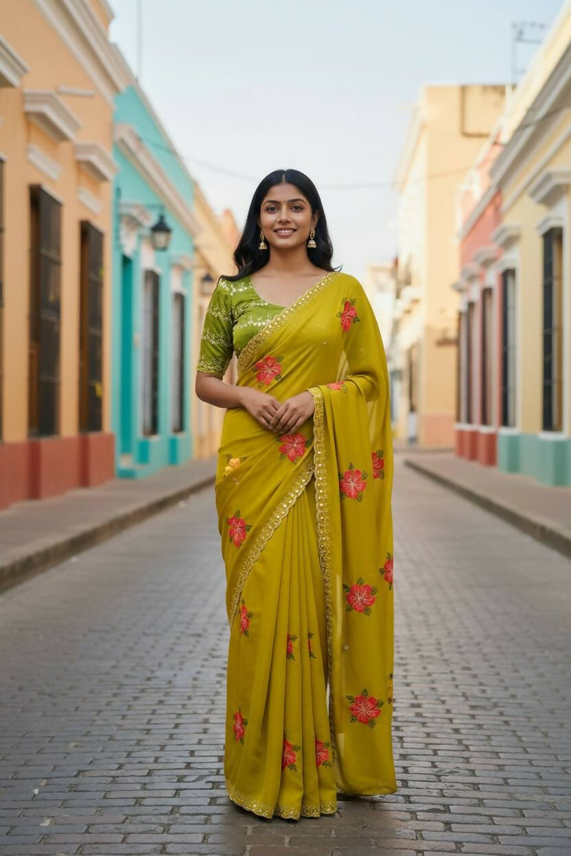 Teeya Creation Yellow Rangoli Silk Embroidery Work Party Wear Designer Saree | Grocsy