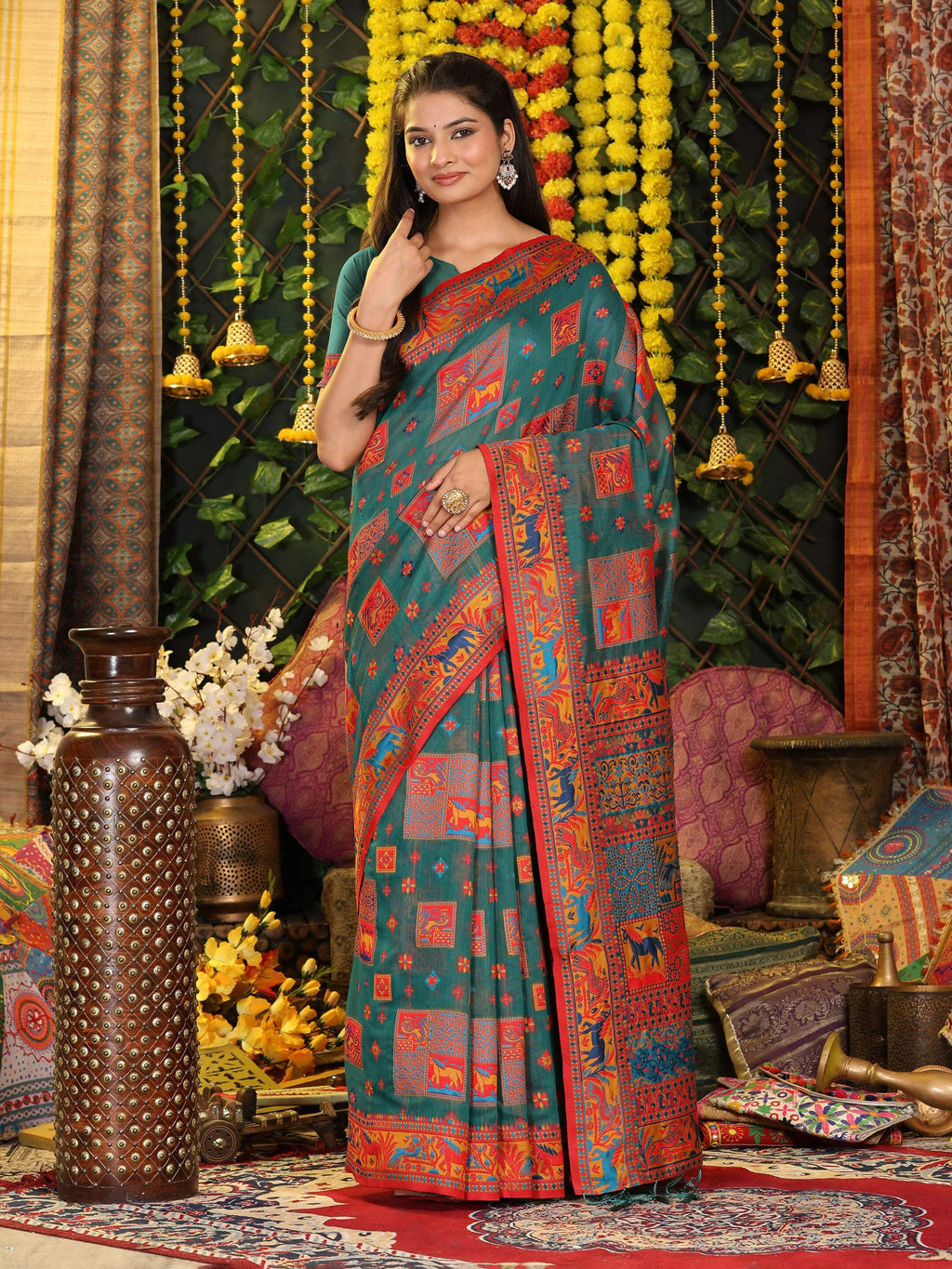 Shree Shyam Fashion Linen Cotton Rama Green Saree | Grocsy