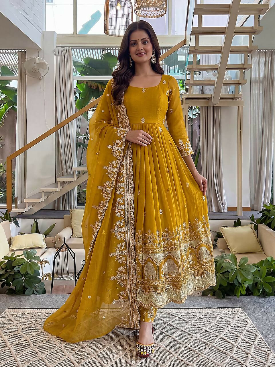 Teeya Creation New Trendy Stylish Wedding Wear Embroidered Anarkali Set - Yellow | Grocsy