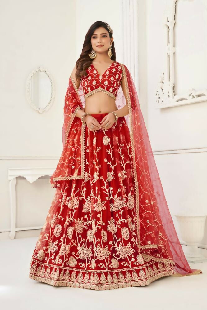 Aastha Fashion Red Butterfly Net White Cotton Thread Work And Sequence Work Embroidery Wedding Wear Lehenga Choli | Grocsy
