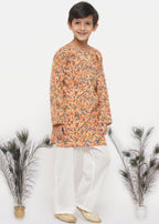 Little Bansi Boys Cotton Block Floral Kurta with Pearl Buttons & Pyjama in Orange & Cream | Grocsy