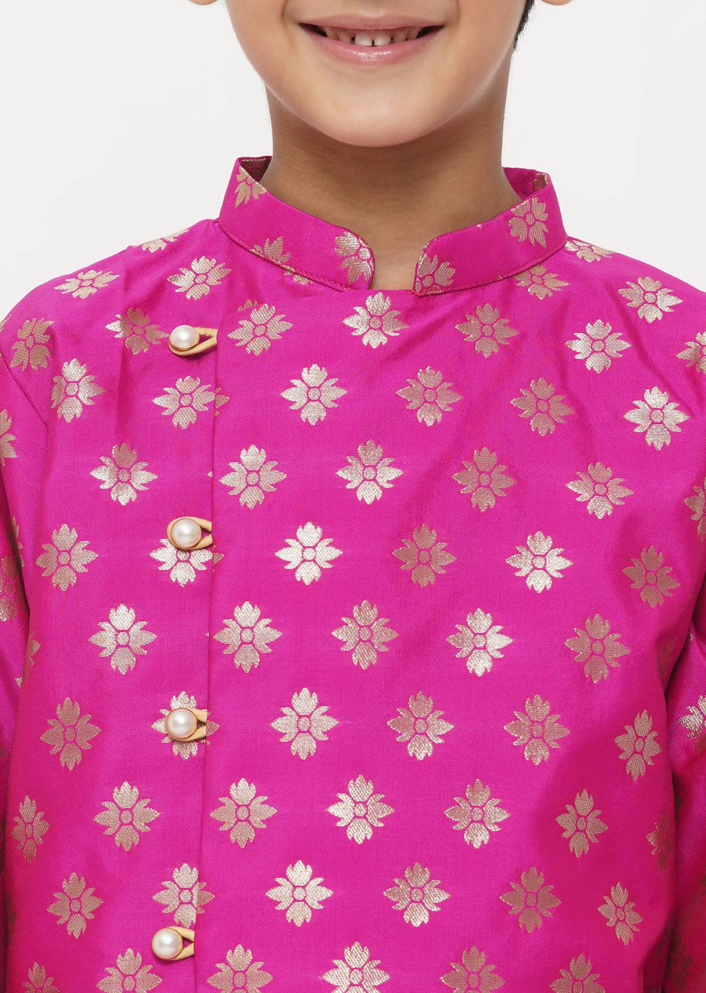 Little Bansi Boys Banarsi Silk Sherwani & Pyjama - Magenta & Cream | Grocsy