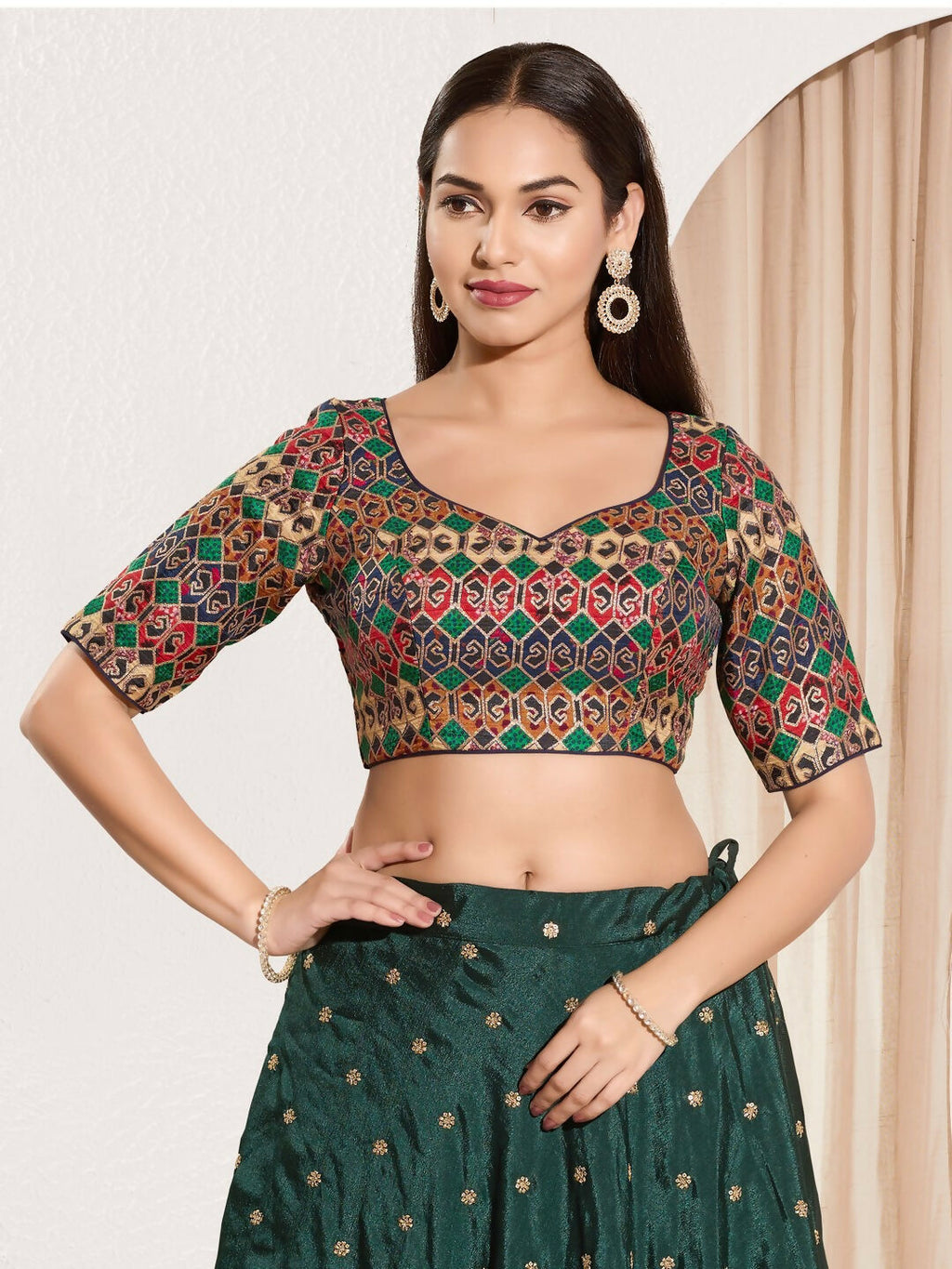 Joban Fashion Navy Blue Brocade Padded Blouse With Sweetheart Neck Elbow Sleeves | Grocsy