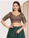 Joban Fashion Navy Blue Brocade Padded Blouse With Sweetheart Neck Elbow Sleeves | Grocsy