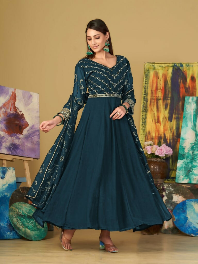 Jyoti Fashion Women's Teal Georgette Embroidered Anarkali Kurta Pant Set With Dupatta | Grocsy