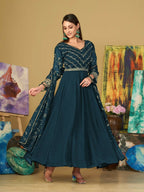 Jyoti Fashion Women's Teal Georgette Embroidered Anarkali Kurta Pant Set With Dupatta | Grocsy