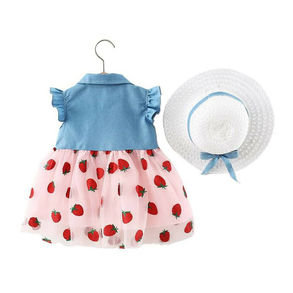 Bold N Elegant Cap Sleeve Denim Embroidered Midi Party Dress Frock with Hat Dress - Strawberry Pink | Grocsy