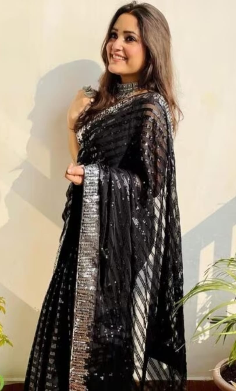 Vamika Embroidery Black Georgette Bollywood Saree | Grocsy