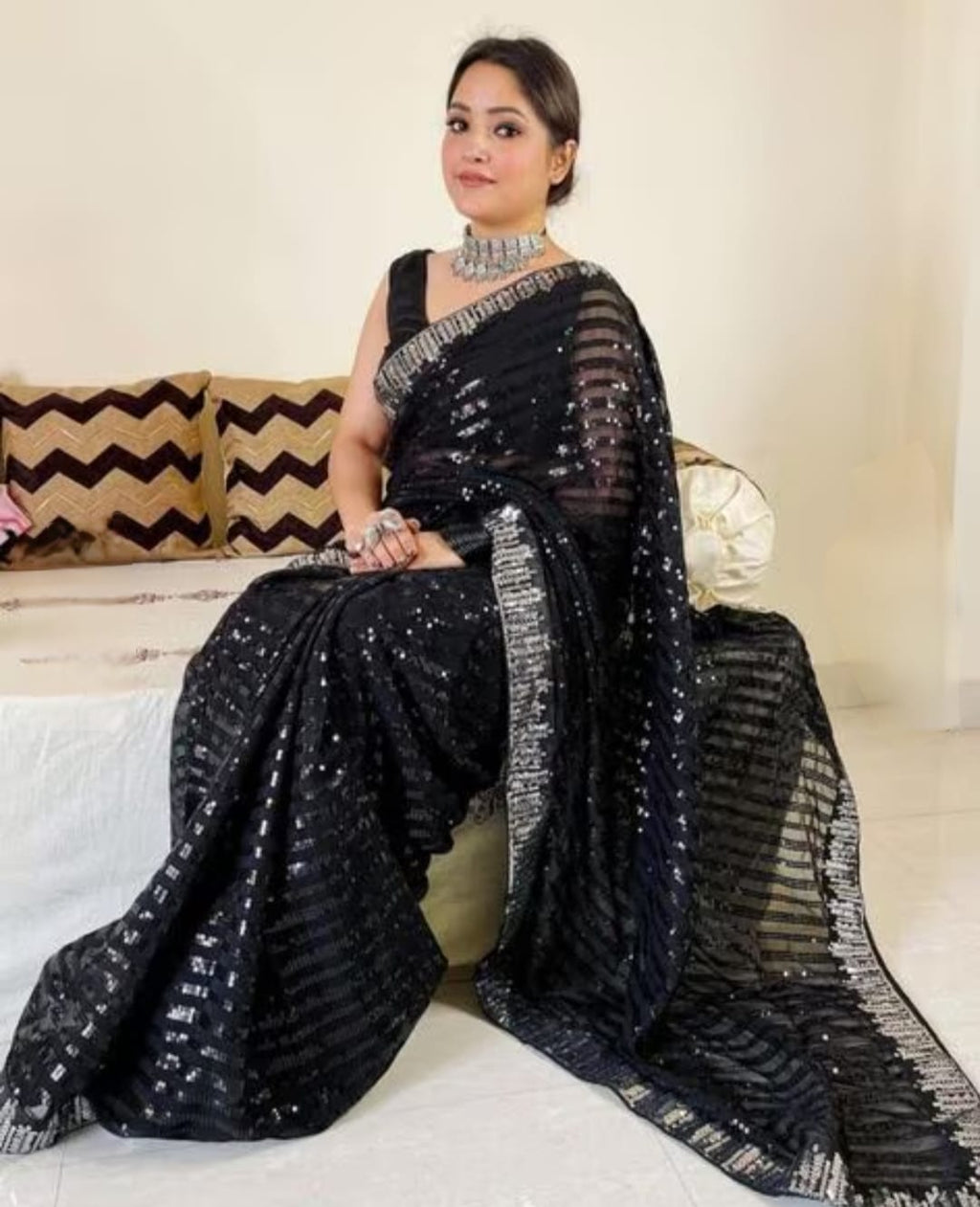 Vamika Embroidery Black Georgette Bollywood Saree | Grocsy