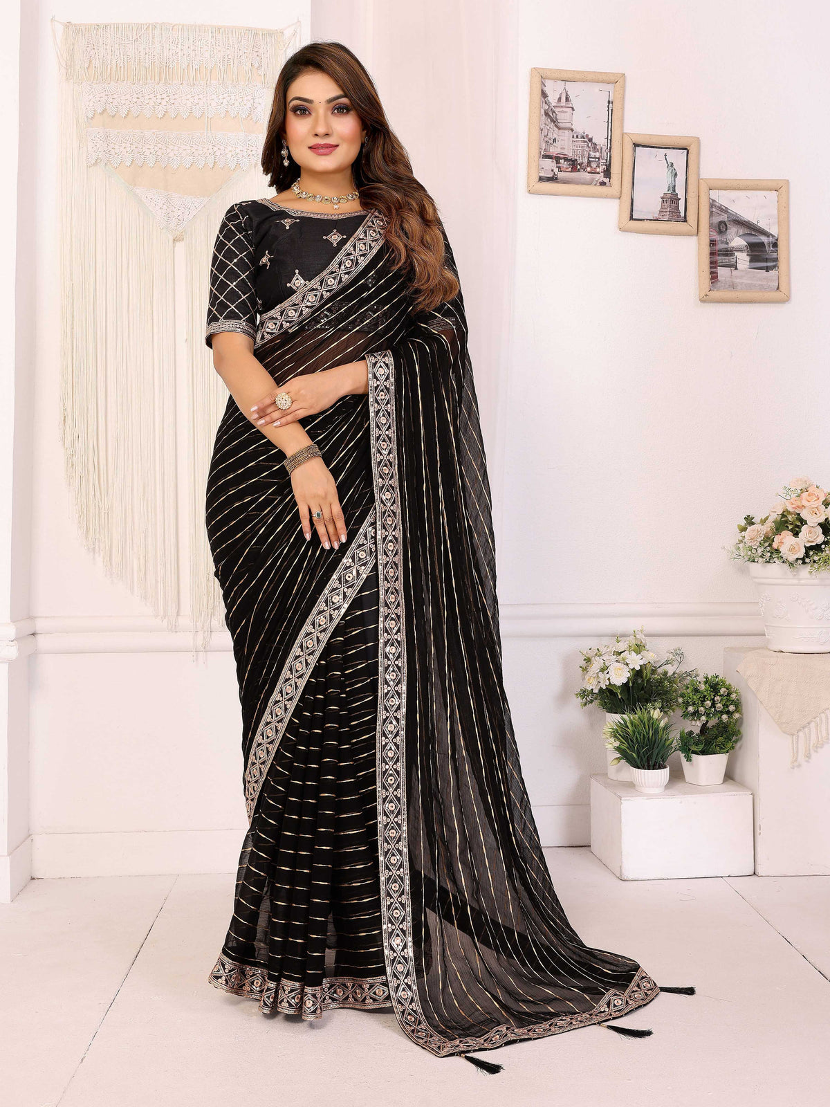 Vedant Vastram Georgette Embroidered & Sequin work Bollywood Fancy Saree - Black | Grocsy