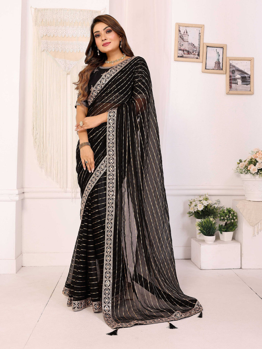 Vedant Vastram Georgette Embroidered & Sequin work Bollywood Fancy Saree - Black | Grocsy