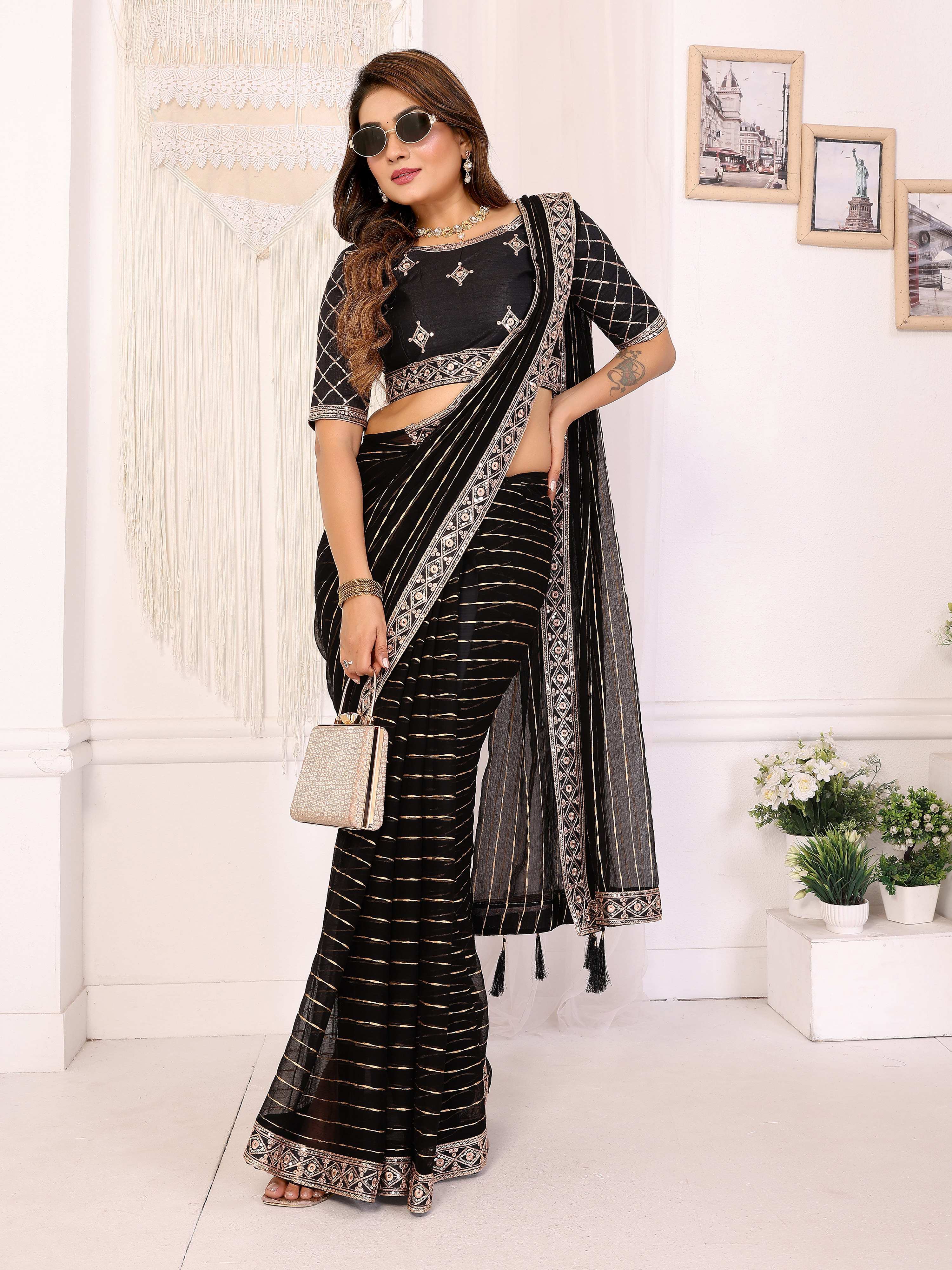 Vedant Vastram Georgette Embroidered & Sequin work Bollywood Fancy Saree - Black | Grocsy