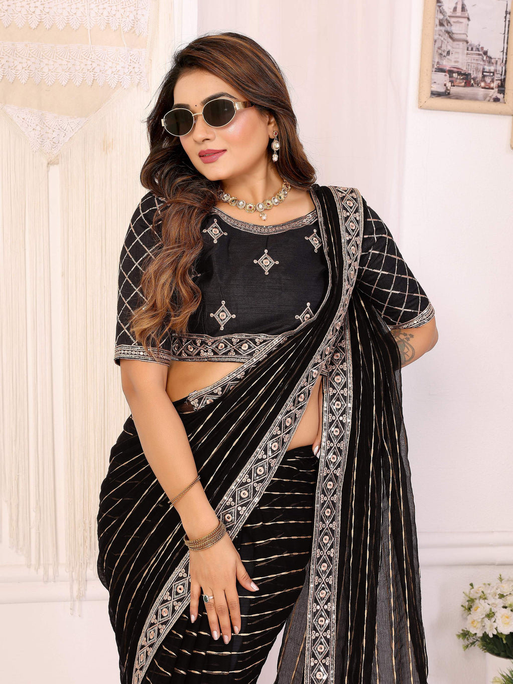 Vedant Vastram Georgette Embroidered & Sequin work Bollywood Fancy Saree - Black | Grocsy