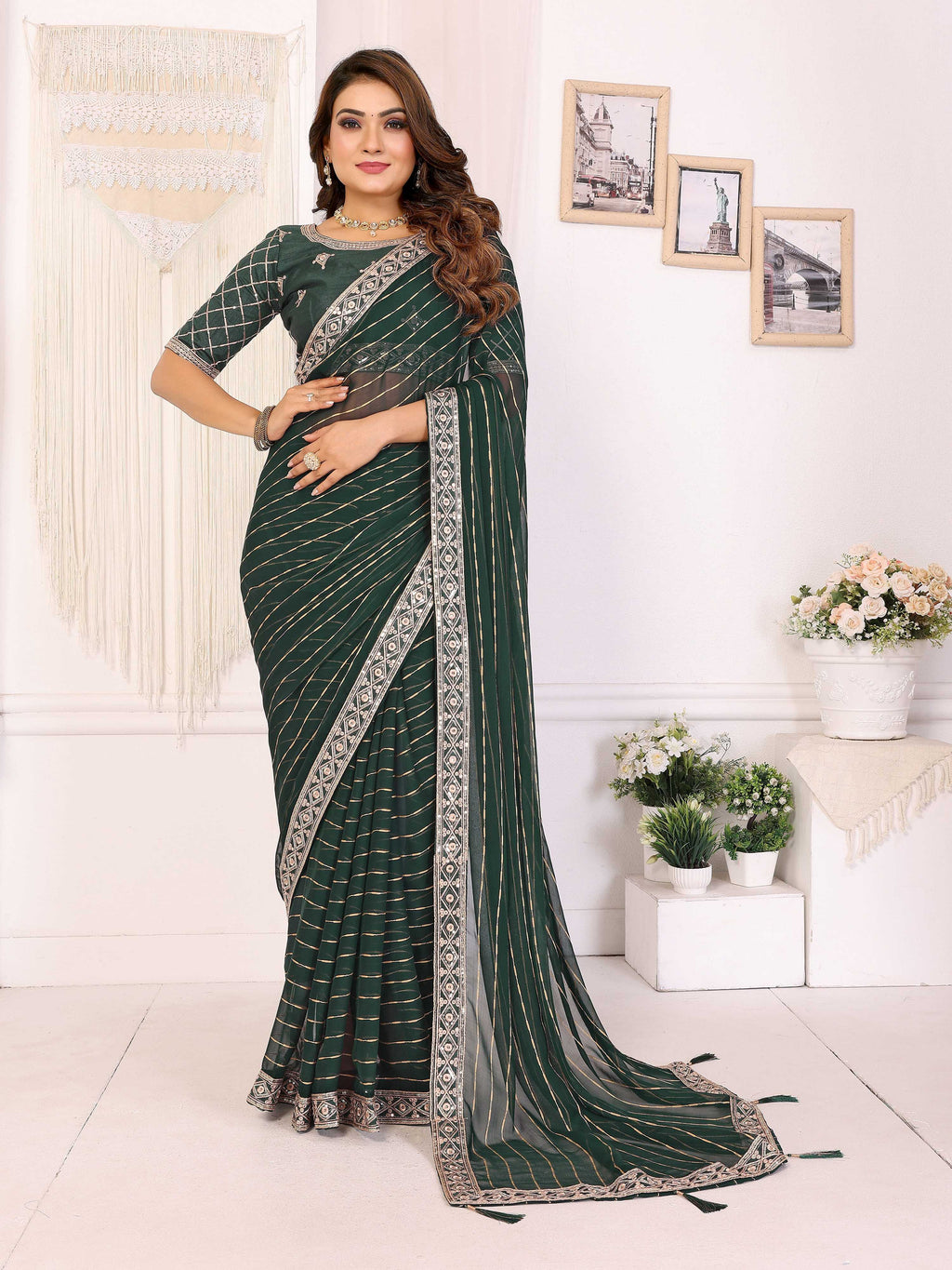 Vedant Vastram Georgette Embroidered & Sequin work Bollywood Fancy Saree - Green | Grocsy