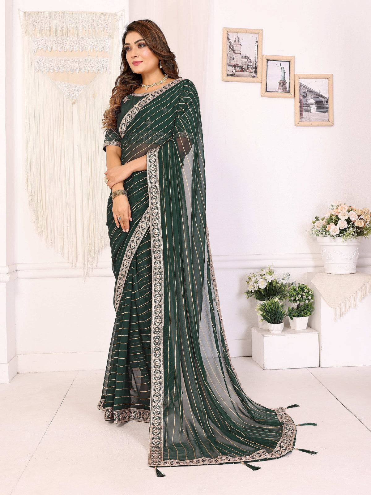 Vedant Vastram Georgette Embroidered & Sequin work Bollywood Fancy Saree - Green | Grocsy