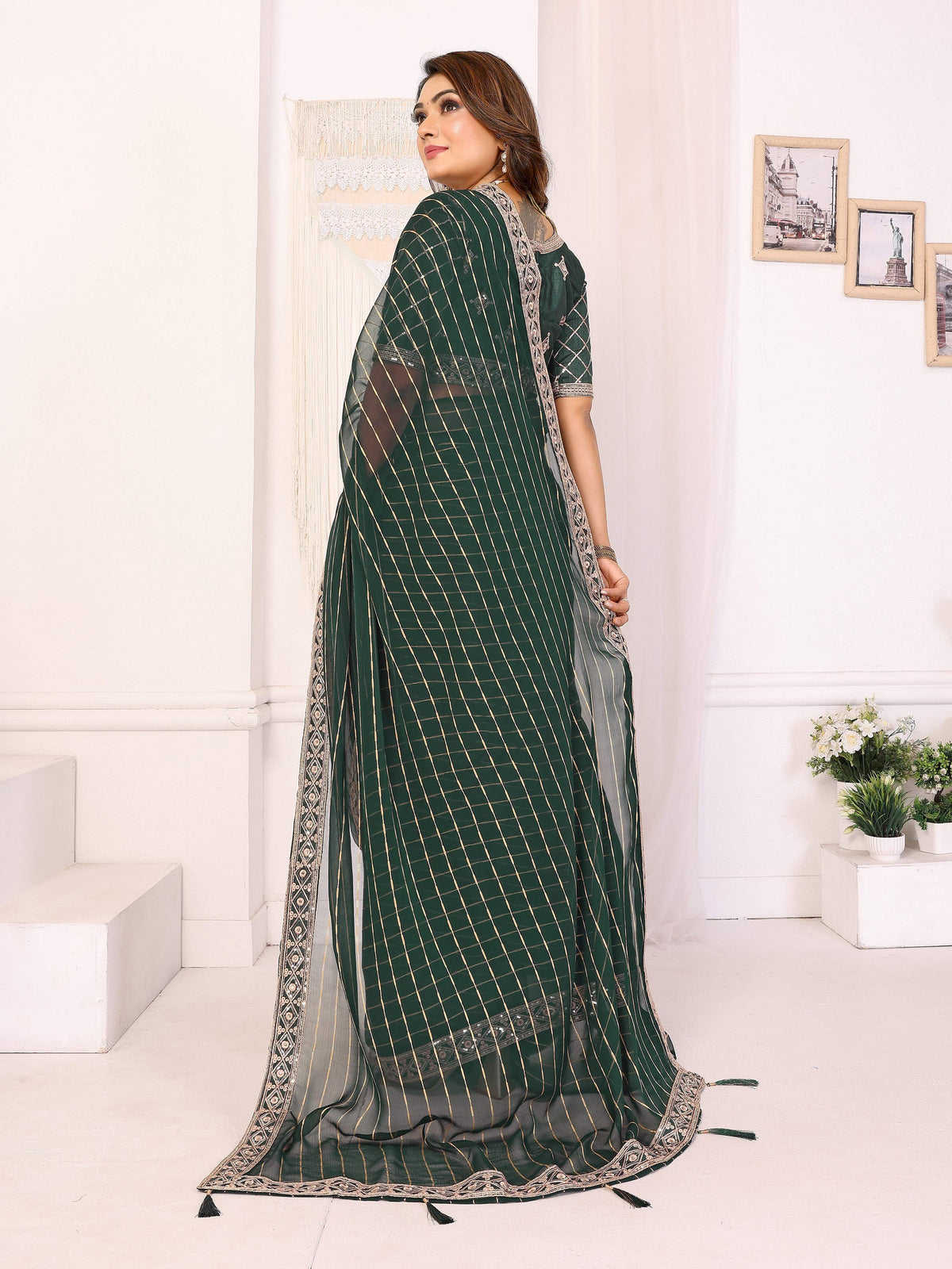 Vedant Vastram Georgette Embroidered & Sequin work Bollywood Fancy Saree - Green | Grocsy