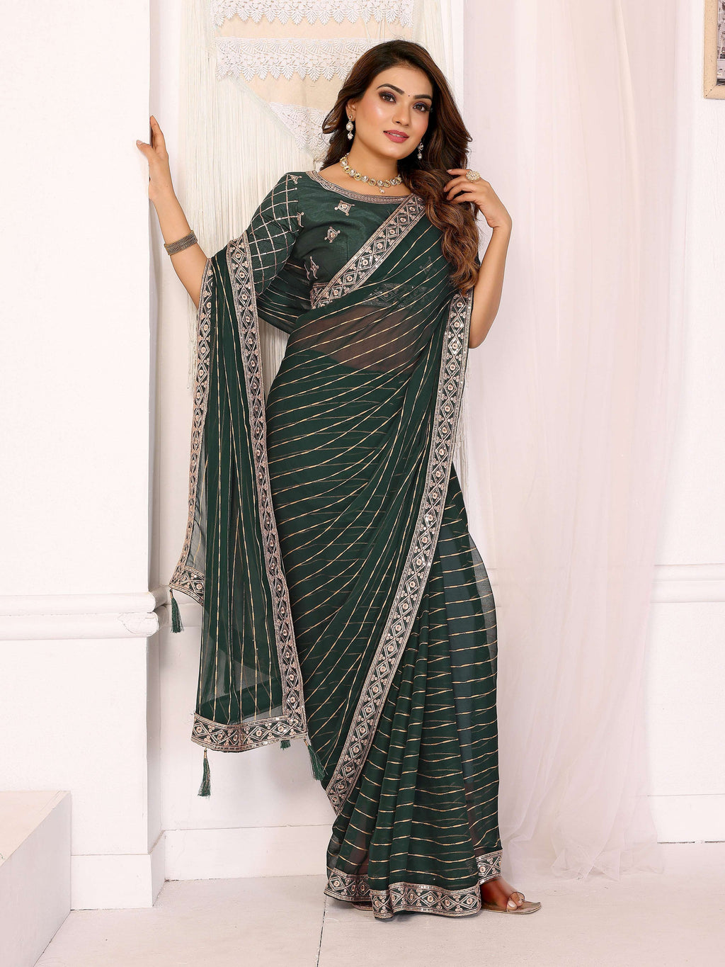 Vedant Vastram Georgette Embroidered & Sequin work Bollywood Fancy Saree - Green | Grocsy