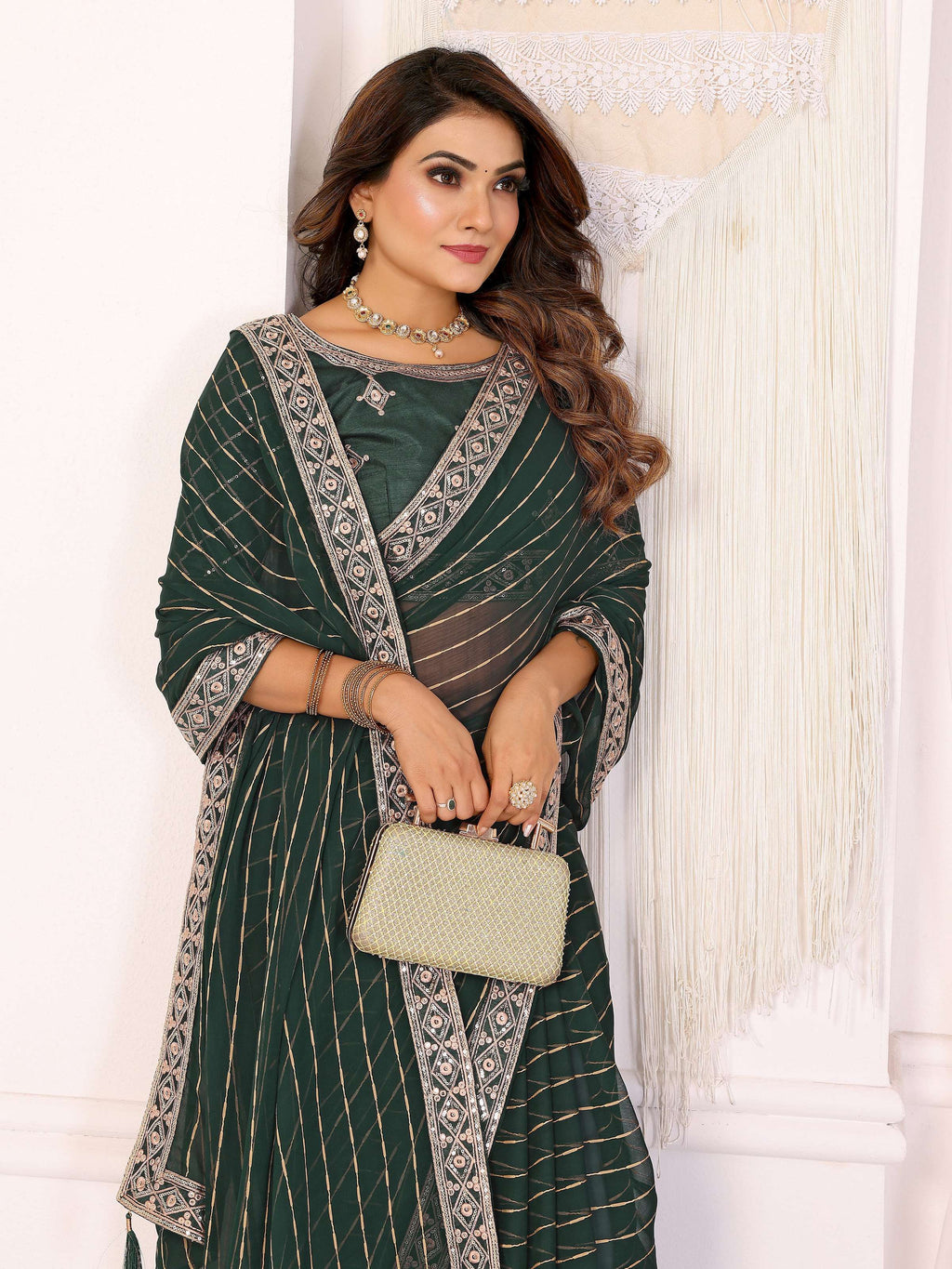 Vedant Vastram Georgette Embroidered & Sequin work Bollywood Fancy Saree - Green | Grocsy