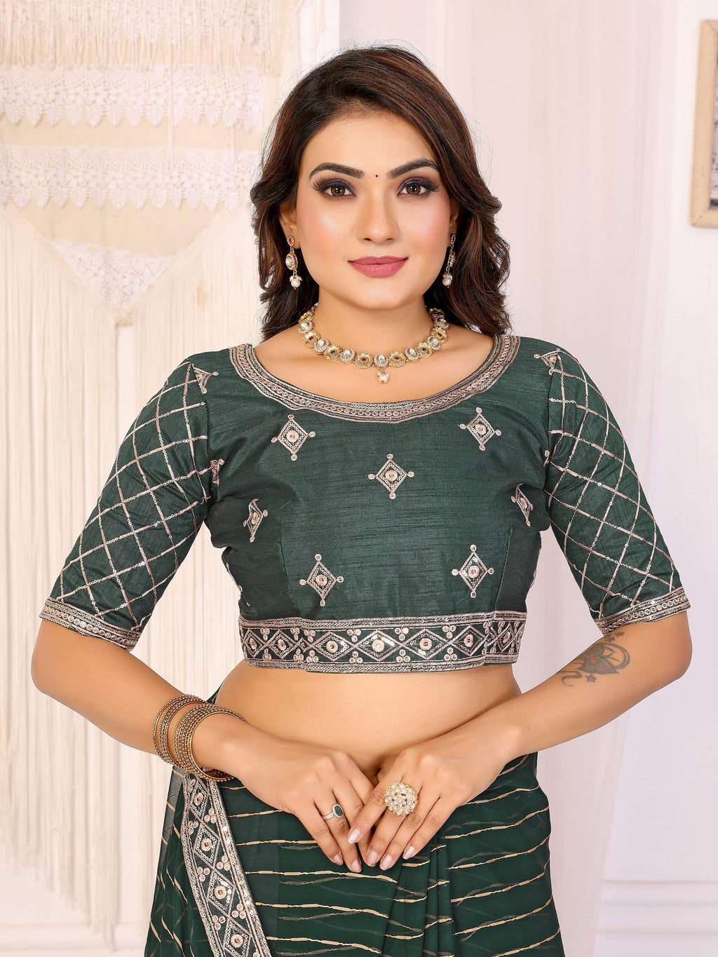 Vedant Vastram Georgette Embroidered & Sequin work Bollywood Fancy Saree - Green | Grocsy