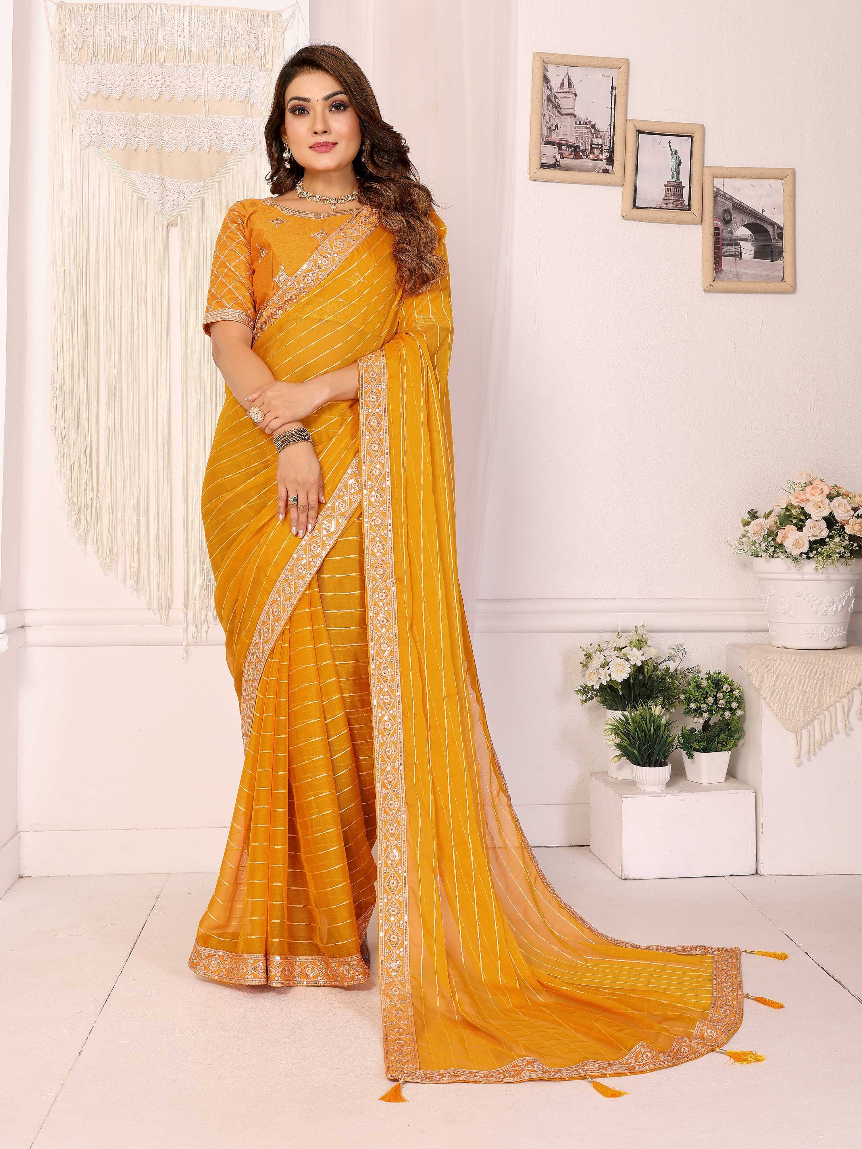 Vedant Vastram Georgette Embroidered & Sequin work Bollywood Fancy Saree - Mustard | Grocsy